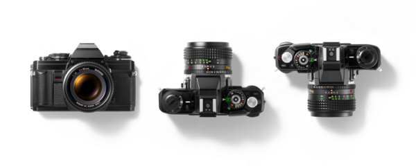 Top view of 35mm film camera, analog vintage classic retro style, isolated on a transparent background, PNG. High resolution.