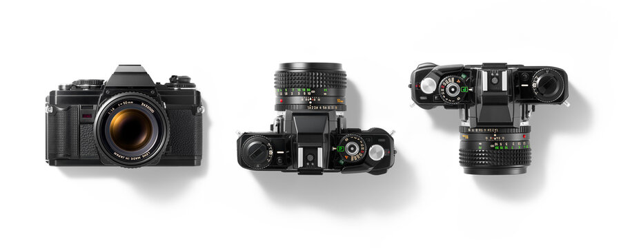 Top view of 35mm film camera, analog vintage classic retro style, isolated on a transparent background, PNG. High resolution.