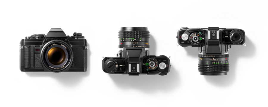 Top view of 35mm film camera, analog vintage classic retro style, isolated on a transparent background, PNG. High resolution.