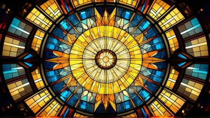 Colorful stained glass design with geometric pattern and vibrant colors, reflecting light beautifully. Ideal for creative window decor and artistic design themes.