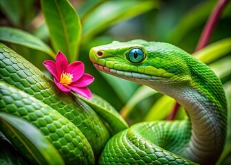 Obraz premium Vibrant Green Snake & Pink Flower in Lush Tropical Foliage - Stock Photo