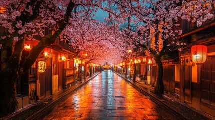 night cherry blossom street in japan