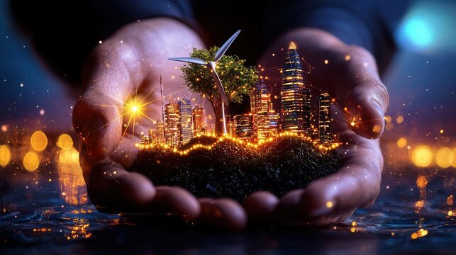 Futuristic smart city skyline illuminated at night showcasing a modern grid management center utilizing advanced technology and infrastructure  The cityscape displays a vision of a sustainable