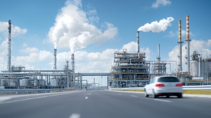 Obraz premium Aerial view of a large scale modern industrial facility or refinery with well maintained pipelines storage tanks and multiple smokestacks emitting plumes of smoke against a cloudy blue sky