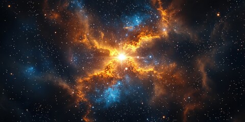 Glimpse into a distant galaxy's heart, where vibrant stars emit an intense orange-yellow light, weaving a cosmic dance across the night sky