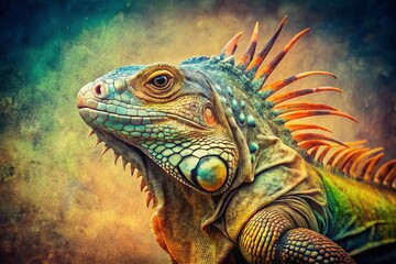 Fototapeta premium Vibrant Iguana with Spiky Crest - Vintage Style Stock Photo