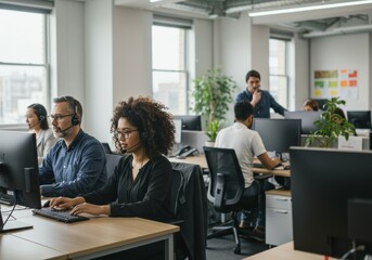 Obraz premium Team of Customer Service Representatives Working in Open-Plan Office