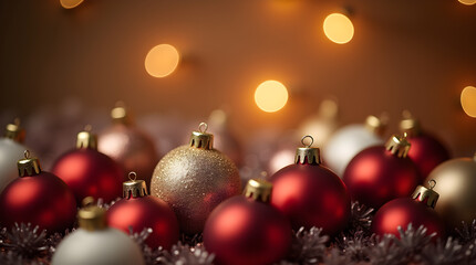 Festive Red Gold and White Christmas Ornaments with Bokeh Lights Holiday Decorations