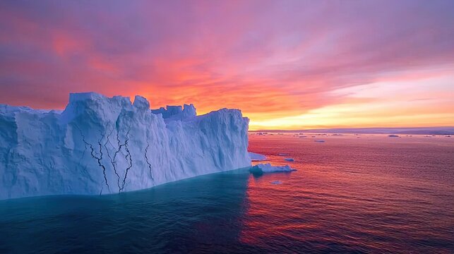 Iceberg melting concept. A stunning sunset over a massive iceberg, reflecting vibrant colors into the sea.