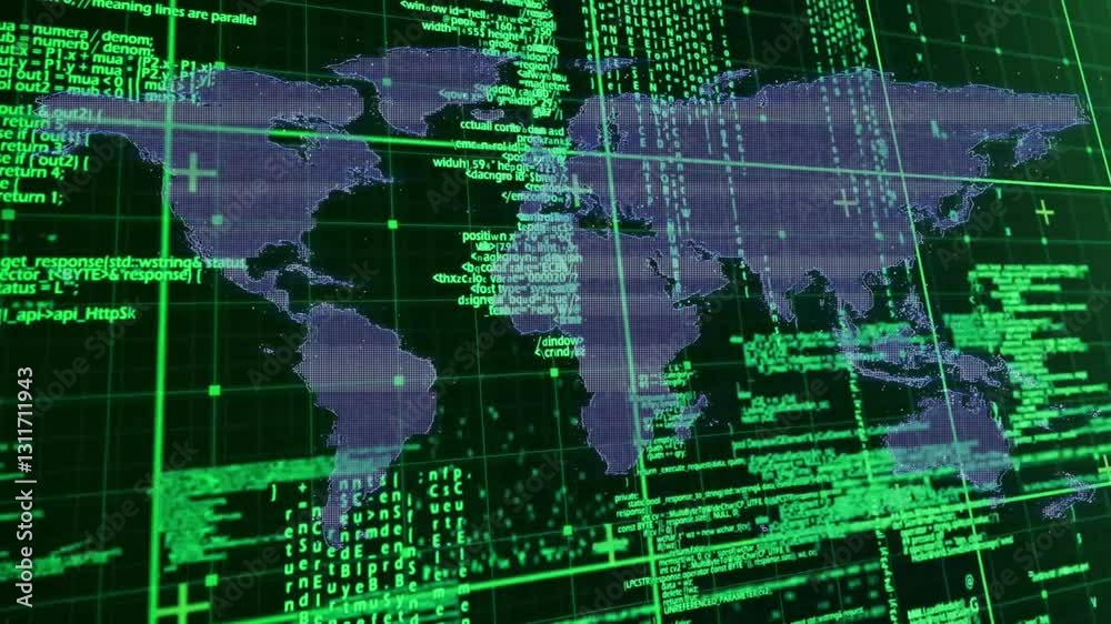 Aufkleber Animation of digital world map with green coding and data processing overlay