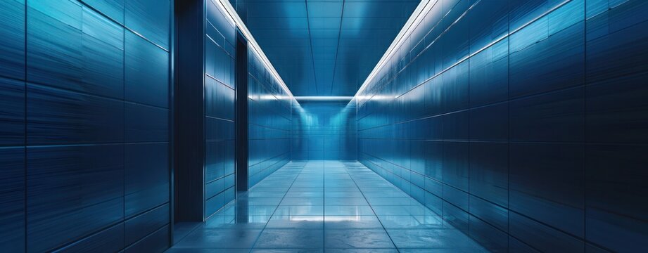 Dark blue corridor illuminates straight square tunnel long light reflection glowing shine LED neon station gloss wall. - Powered by Adobe