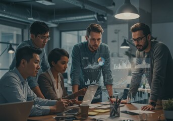 Team Analyzing Marketing Trends on Large Screen