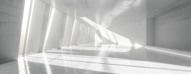 White futuristic interior large hall structure building big room sunlight from window shining wall and floor ceiling.
