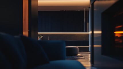 Inside this modernist dark brown alpine home, black shingled walls create a calm and dignified atmosphere that intertwines with interior lighting to create a warm and cozy atmosphere