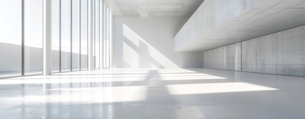 Obraz premium White big interior large hall structure building big room sunlight from window shining wall and floor ceiling.