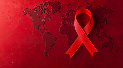 World Tuberculosis Day, Global Awareness Red Ribbon on World Map Background for AIDS HIV and Heart Health Campaigns