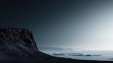 Iceberg melting concept. A serene landscape showcasing dark cliffs against a soft, illuminated horizon.