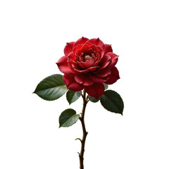 Vibrant Red Rose with Green Leaves on Transparent Background
