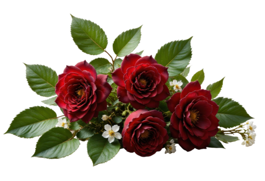 Vibrant Red Roses with Green Leaves on Transparent Background
