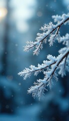 Obraz premium Frosty branches with intricate snowflakes, reminiscent of a frozen forest, christmas tree, wintry scene