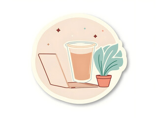 minimalist sticker design featuring a laptop, drink cup, and potted plant, capturing a cozy work-from-home aesthetic