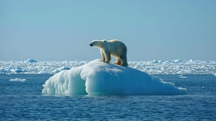 Naklejka premium Iceberg melting concept. A polar bear stands majestically on an ice floe in the arctic ocean.