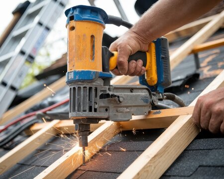 Roofer carpenter working on roof structure at construction site concepts. Worker using a nail gun on a roof, sparks flying from the tool.