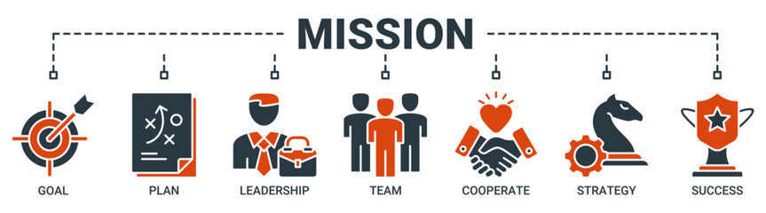 Mission banner web icon vector illustration concept with icon of goal, plan, leadership, team, cooperate, strategy and success icons. Solid color vector symbol background.