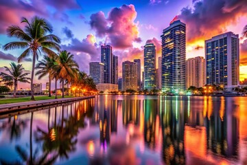 Obraz premium Vibrant Miami Bayside Downtown Skyline at Sunset, Modern Cityscape