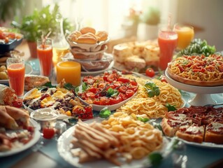 Colorful assortment of foods with juice and coffee for a hearty breakfast.