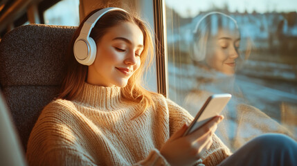Fototapeta premium A young woman with headphone listening music while using smartphone in the train