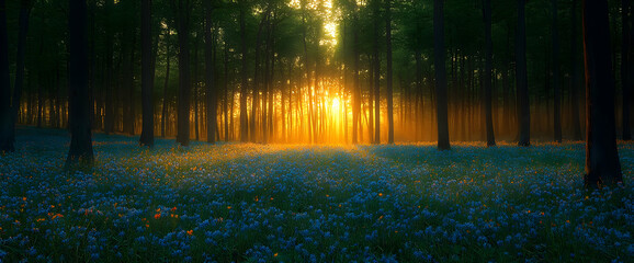 Sunrise In Magical Forest With Glowing Flowers