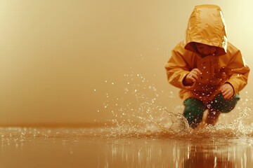 Child joyfully splashes through puddles, clad in bright rain gea