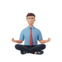 Cartoon character businessman blue shirt lotus pose meditating relax dream isolated over transparent background. 3d render illustration