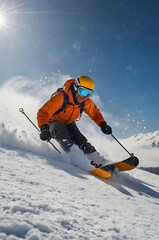 Dynamic Descent: A skilled skier carves through fresh powder snow on a sun-drenched mountain slope, captured in motion with speed, precision, and the exhilaration of the moment.