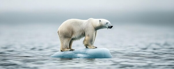 Naklejka premium Iceberg melting concept. A polar bear stands on a floating ice patch in a serene Arctic setting.