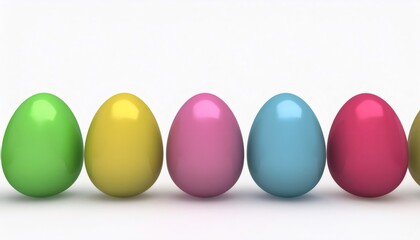 Five colorful easter eggs standing in a row on white background, celebrating Easter holidays