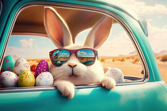 Easter themed image with white bunny in teal car wearing red sunglasses surrounded by colorful Easter eggs. Festive Easter celebration scene on road.