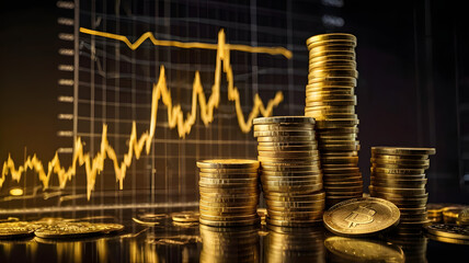 Investment Growth: Gold coins stacked in front of a financial chart, symbolizing investment growth and the dynamics of the market. Capturing the essence of wealth creation and financial planning