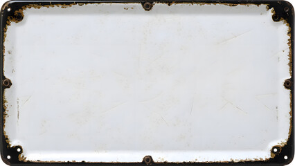 Empty rectangular weathered white enamel sign with rusted black border