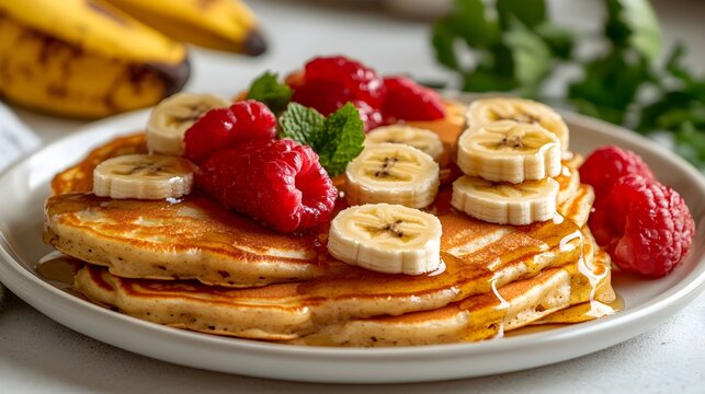 Close-up of banana pancakes with fresh fruit garnish on plate showcasing deliciously fluffy texture and rich toppings