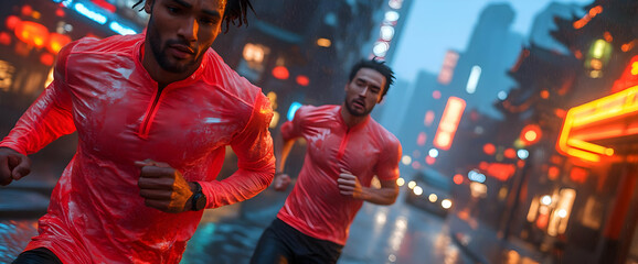 Obraz premium Two Men Running In The Rain City Night