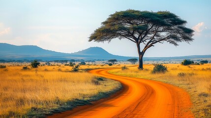 Obraz premium Endless savanna landscape at golden hour with acacia tree and winding path