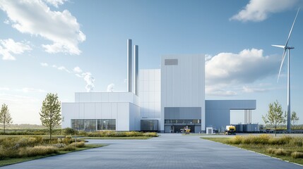 Renewable energy facility seamlessly integrating biofuel production process in a serene rural landscape  showcasing sustainable energy and eco friendly industrial technology