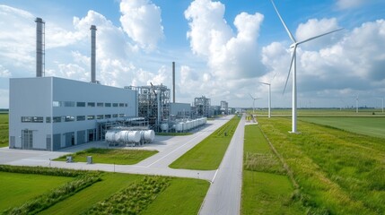 Aerial view of a renewable energy facility that seamlessly integrates biofuel production with a wind farm set against a picturesque pastoral landscape with green fields and cloudy skies