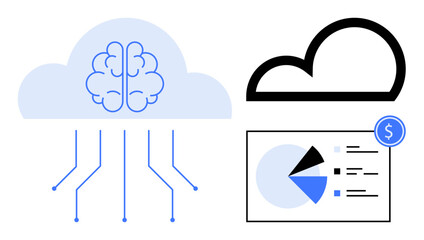 Brain in the cloud, circuit lines, pie chart, and financial symbols represent AI, cloud storage, data analysis, machine learning, teamwork finance management innovation. Flat simple metaphor
