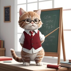 Smart cat teacher explaining math formulas on blackboard in classroom