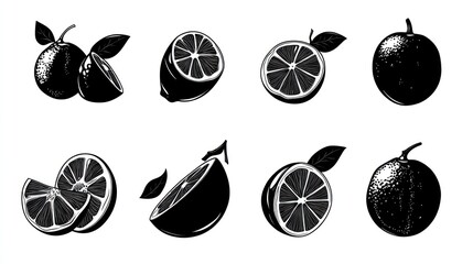 Citrus fruit slices graphic design, black and white illustration