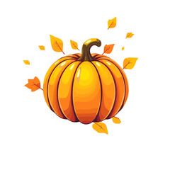 Naklejka premium Vibrant Halloween pumpkin with flying autumn leaves on white background, copy space 