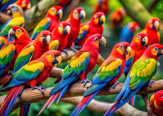 Obraz premium Vibrant Parrot Flock on Branches: Colorful Birds in Tropical Setting